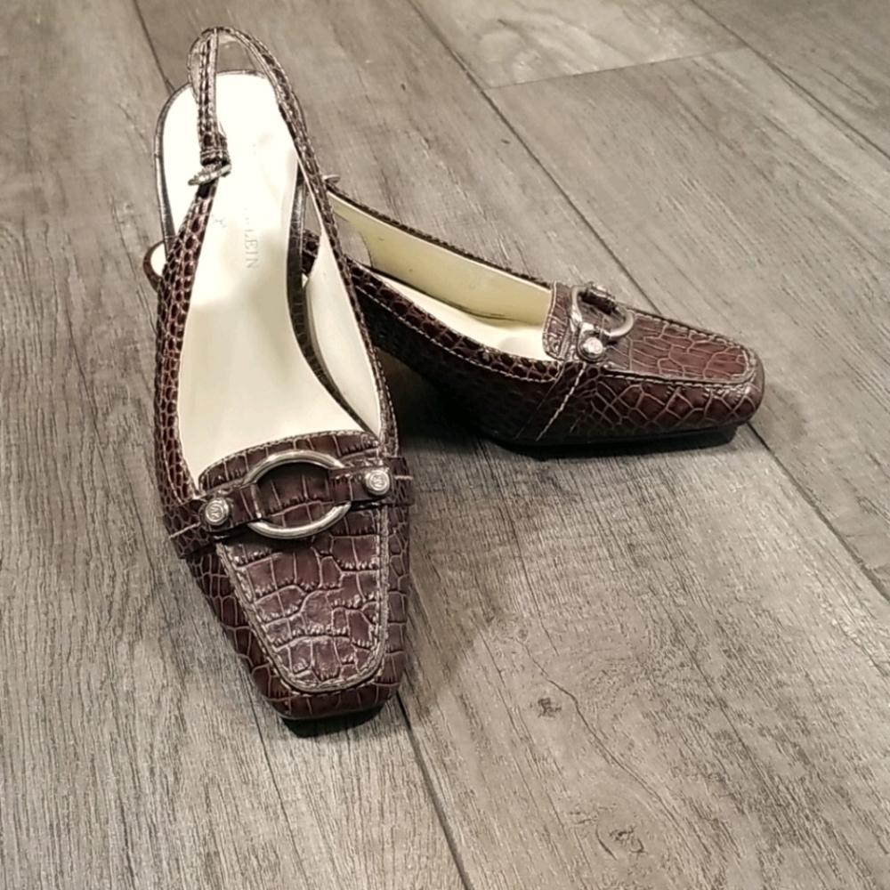AK Anne Klein Women's Shoes Size 5.5 iflex Kitten Heel 2" Brown Alligator